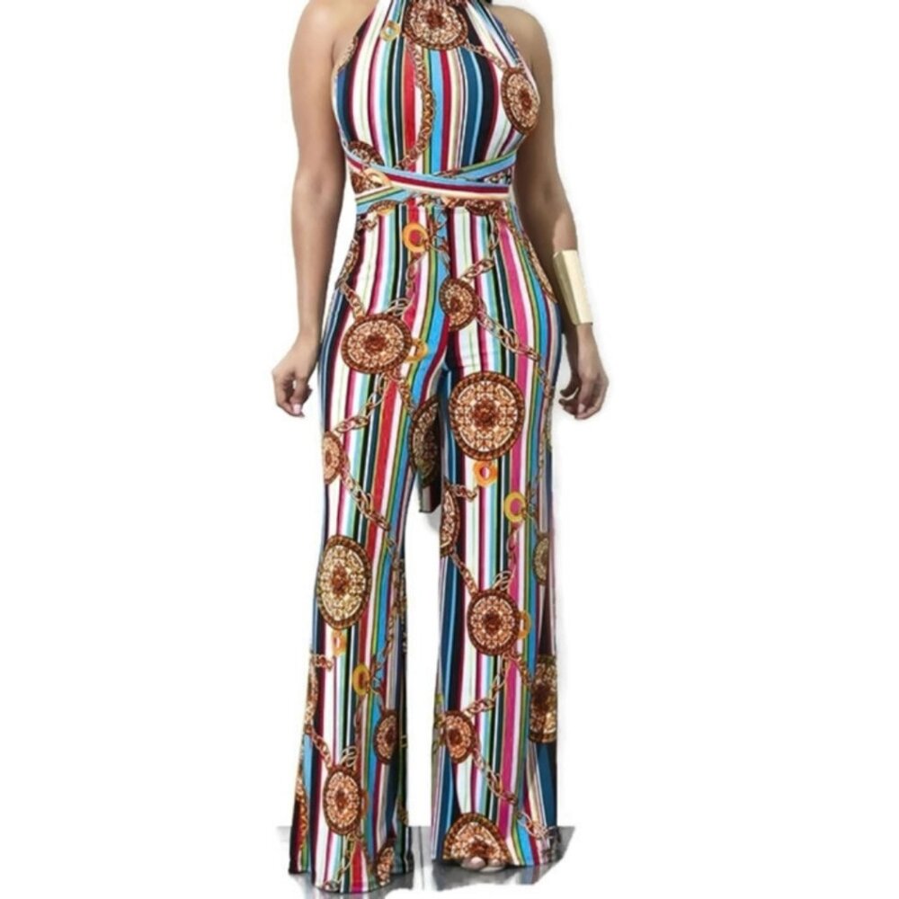 Rose Pink Multi Color Gold Medallion Halter Bell Bottom Jumpsuit
